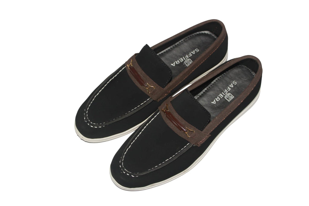 Saffiera Premium Black Suede Loafer – Men's Brown Trim Slip-On Shoes
