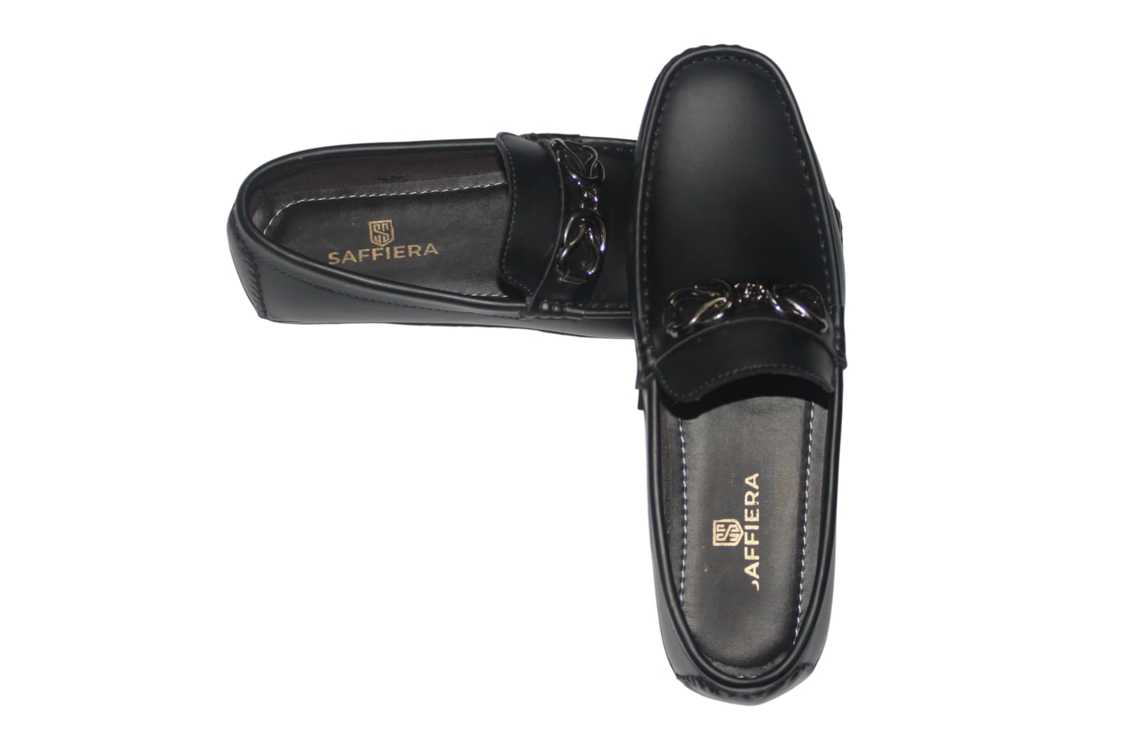 Saffiera Elite Black Leather Chain Loafer – Men's Premium Slip-On Shoes