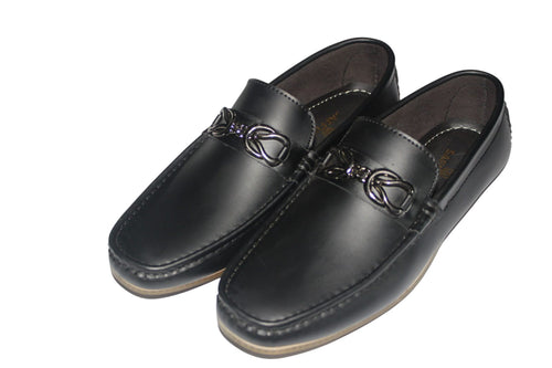 Saffiera Elite Black Leather Chain Loafer – Men's Premium Slip-On Shoes